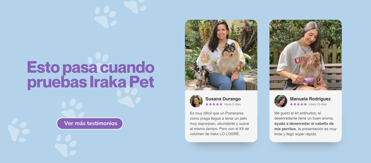 Clientes satisfechos mostrando resultados del uso de productos Iraka Pet en sus perros.